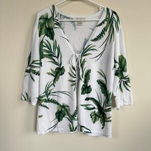 Christopher & Banks Cardigan Sweater Tropical Leaves 3/4 Sleeve Tie Front White